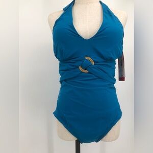 Spanx Halter Swimsuit One Piece Bayside Blue Shaping Slimming Belted Beauty